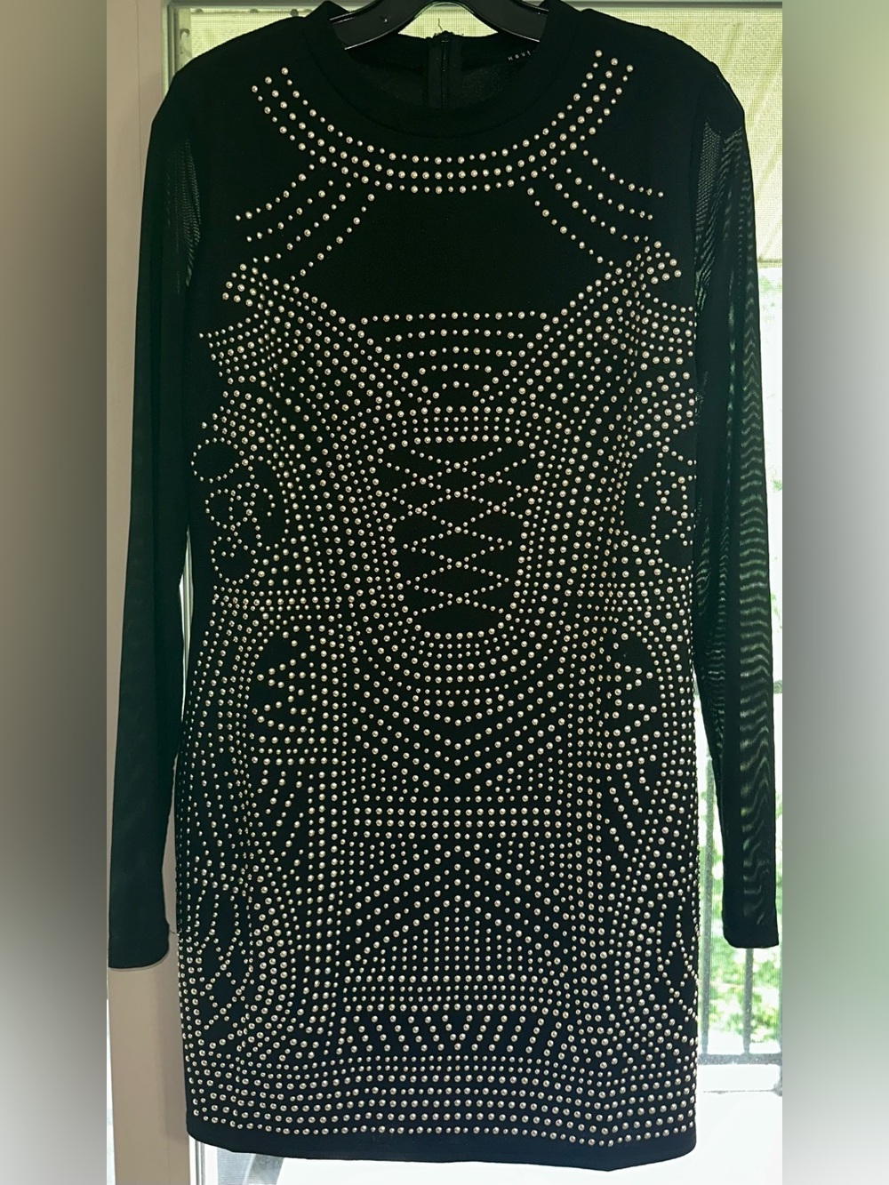 Black Studded Mesh Long-Sleeve Dress